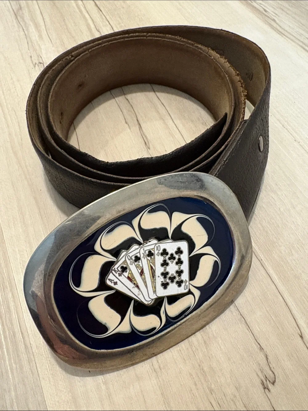 Vtg Mellow Tanned Split Leather Belt Poker Playing Cards Enamel Buckle Size 40